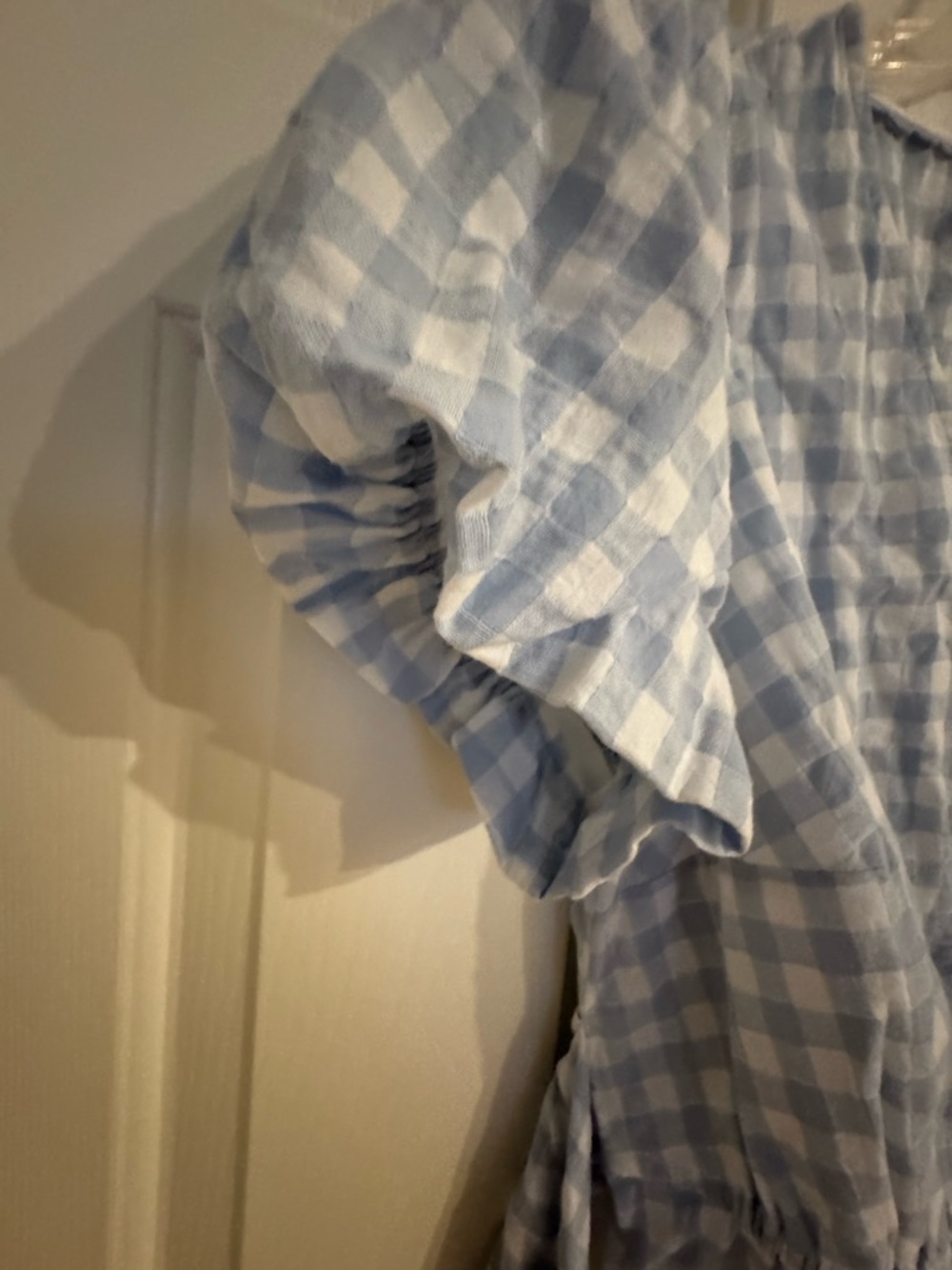 Anthropologie Light Blue and White Gingham Button-Front Tie-Waist Blouse - Picture 8 of 9